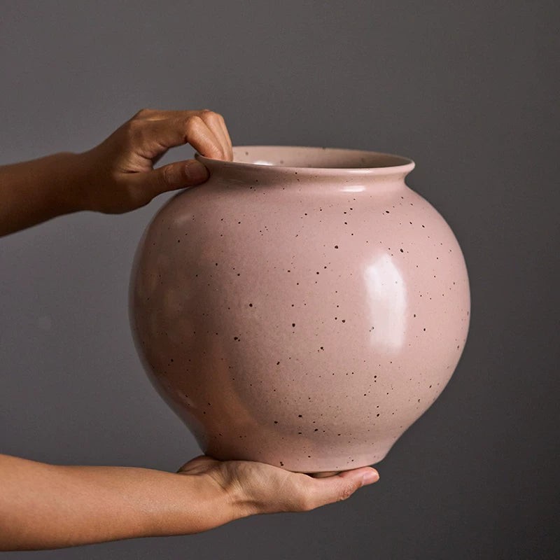Gohobi Jingdezhen Handmade Pink Ceramic Vase – Wide Mouth Retro Coarse Pottery Flower Vase