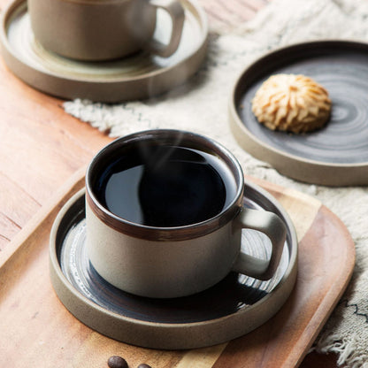 Gohobi Handmade Stoneware Black and Brown Coffee Mug and Saucer