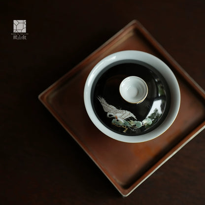 [賦山敘 x Gohobi] "Dai Mo Pine & Crane" Hand-Painted Pastel Gaiwan – Heat-Resistant Ceramic Gongfu Tea Bowl