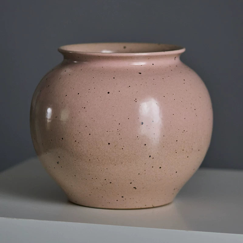 Gohobi Jingdezhen Handmade Pink Ceramic Vase – Wide Mouth Retro Coarse Pottery Flower Vase