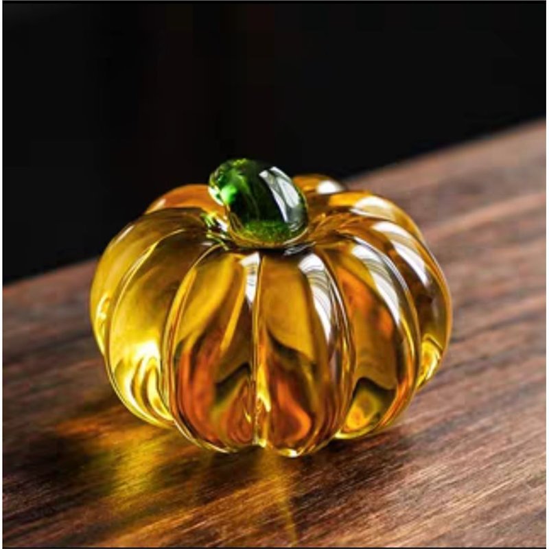 Gohobi Pate de Verre Pumpkin Halloween Glass Ornament Teapot Lid Stand Paperweight