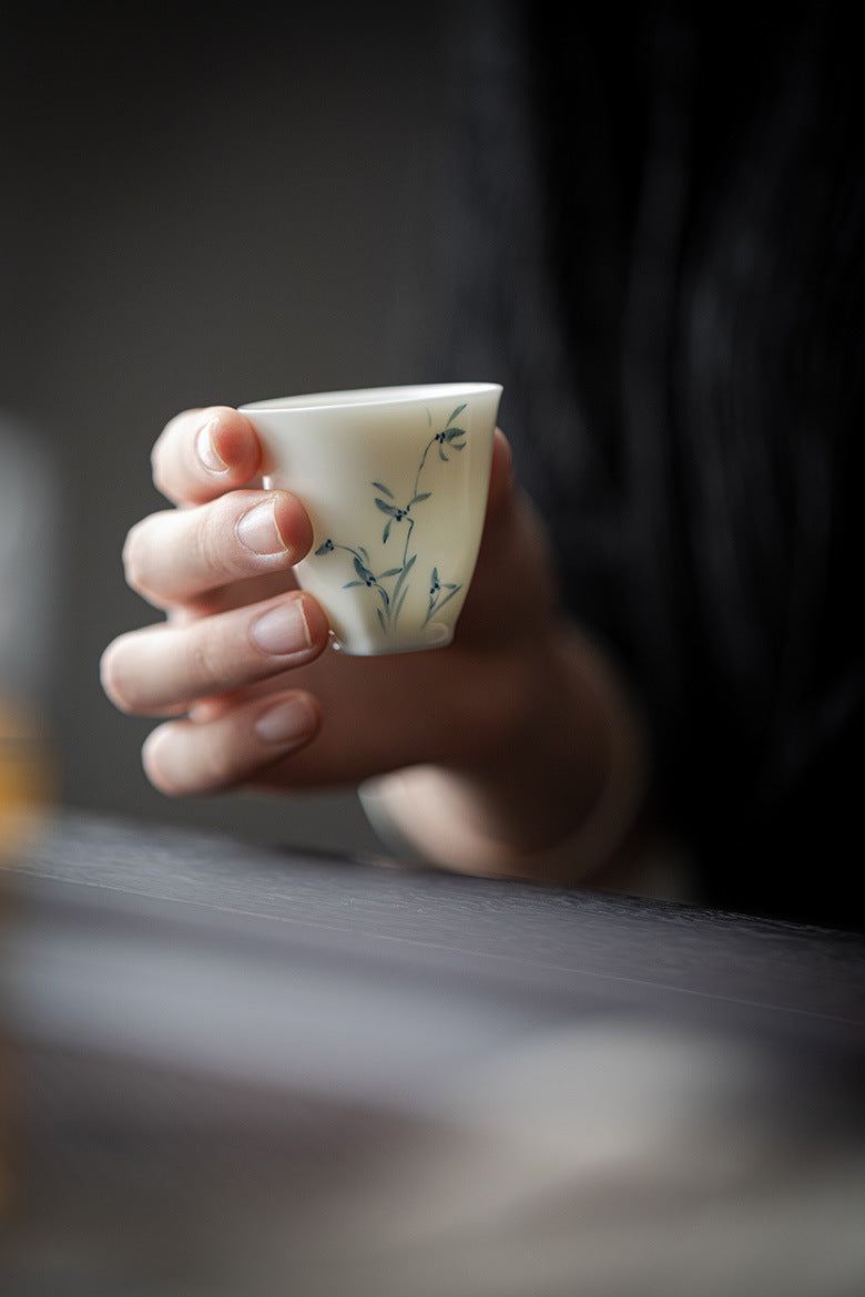 Gohobi White Porcelain Hand-Painted Orchid Teacup