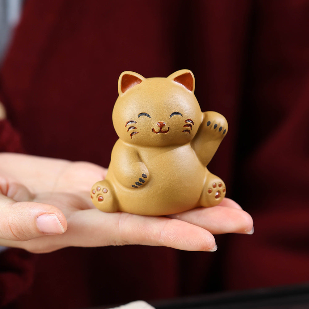 Gohobi Yixing Purple Clay Lucky Cat Tea Pet – Handmade Fortune Cat Tea Table Ornament