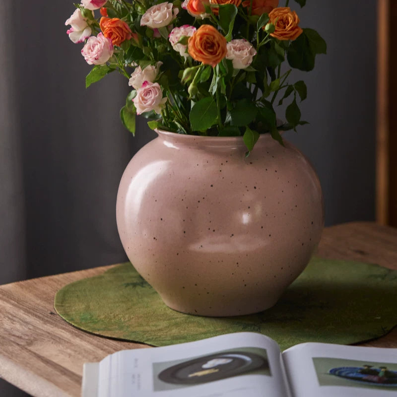 Gohobi Jingdezhen Handmade Pink Ceramic Vase – Wide Mouth Retro Coarse Pottery Flower Vase