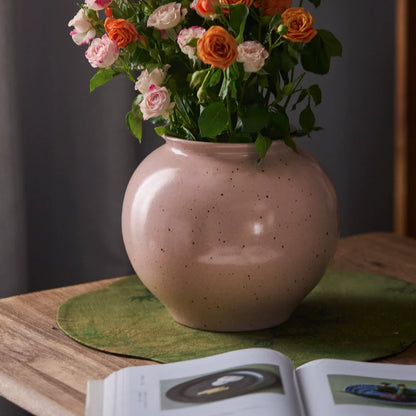 Gohobi Jingdezhen Handmade Pink Ceramic Vase – Wide Mouth Retro Coarse Pottery Flower Vase