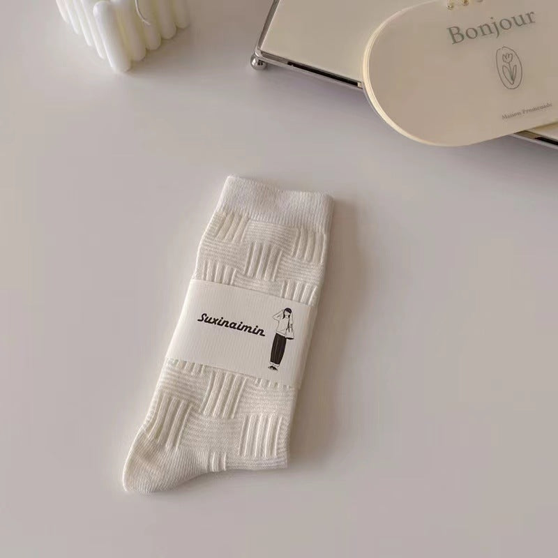 Creamy Bliss Vertical Striped Piles - JK Style Mid-Calf Socks