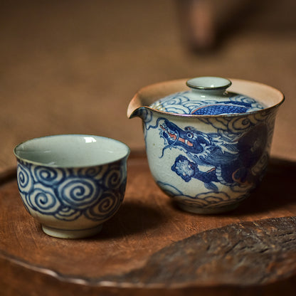 Gohobi Hand-painted Vintage Style Blue and White Dragon Gaiwan  Hohin Teapot