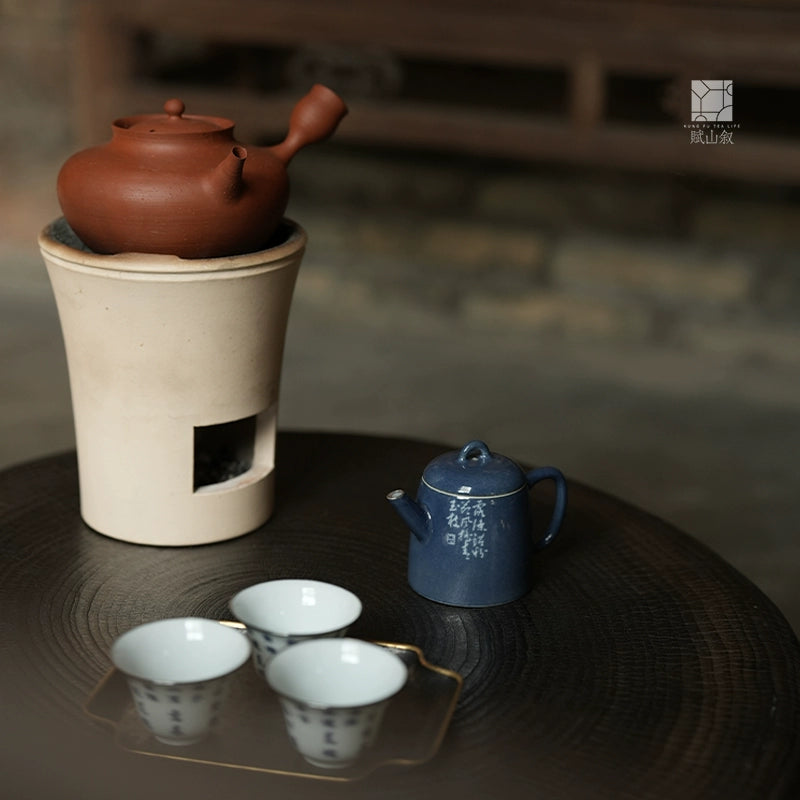 [賦山敘 x Gohobi] “Garden Bamboo” Splash-Blue Carved Teapot – Handcrafted Jingdezhen Ceramic Gongfu Teapot with Colored Glaze