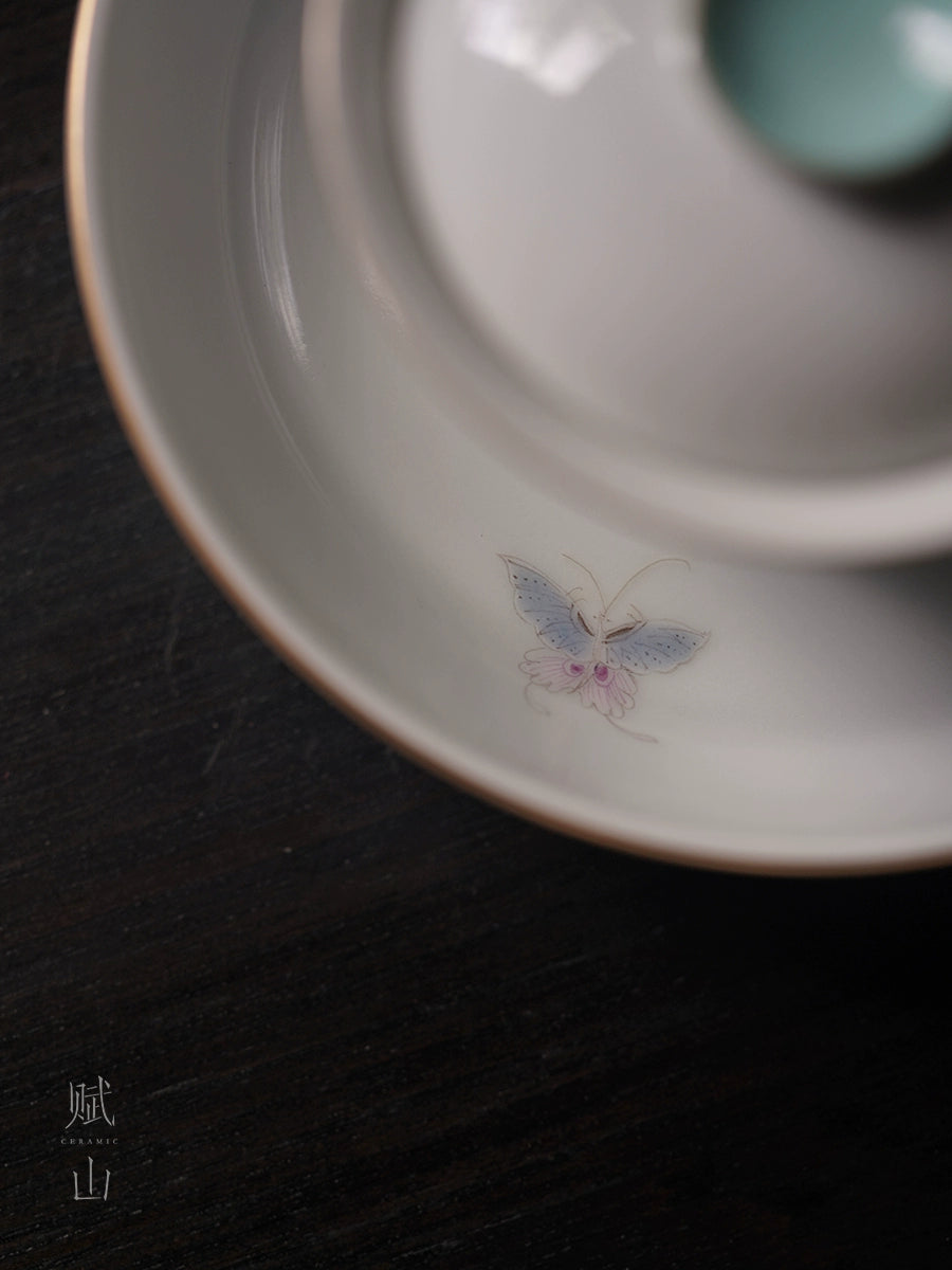 [賦山敘 x Gohobi] Turquoise Butterfly Teapot Base – Minimalist Pastel Ceramic Dry Brewing Tray for Gaiwan & Teapot