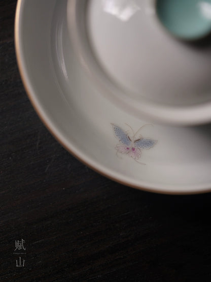 [賦山敘 x Gohobi] Turquoise Butterfly Teapot Base – Minimalist Pastel Ceramic Dry Brewing Tray for Gaiwan & Teapot