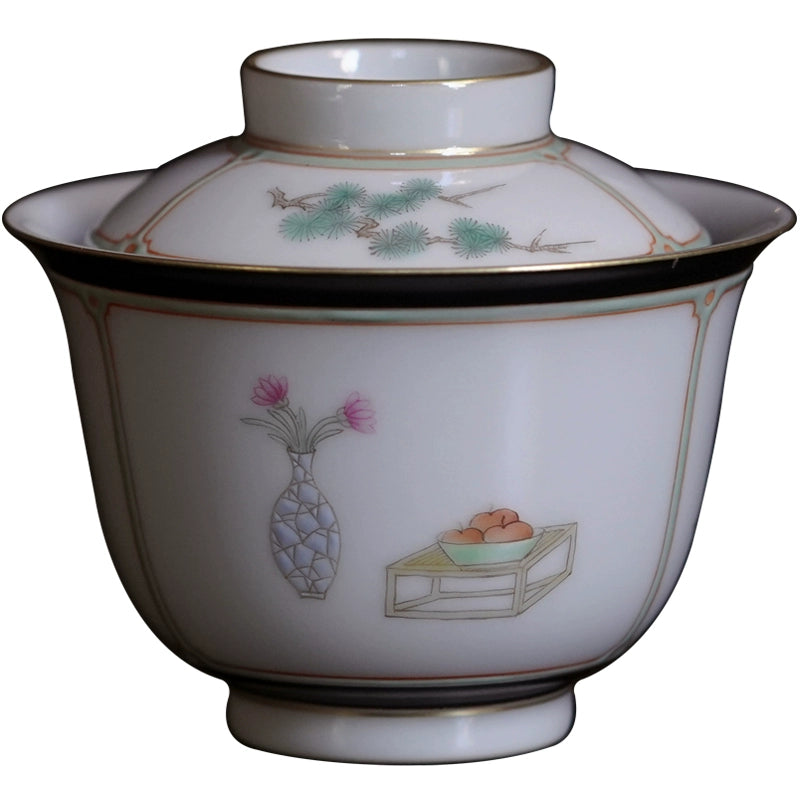 [賦山敘 x Gohobi] “Garden Offering” Green & Ink-Rimmed Gaiwan – Small Hand-Painted Ceramic Gongfu Tea Bowl for Rock Tea