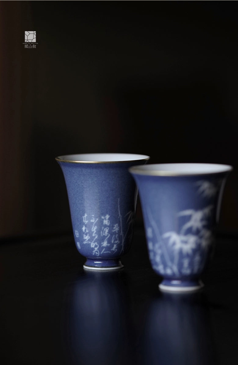 [賦山敘 x Gohobi] “Bamboo Pavilion” Splash-Blue Carved Aroma Cup – Single Ceramic Gongfu Master Tasting Cup