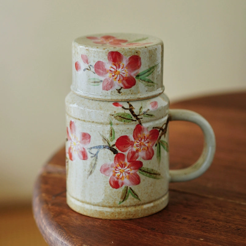 Gohobi Hand-Painted Blue and White Floral Mug with Lid Cup