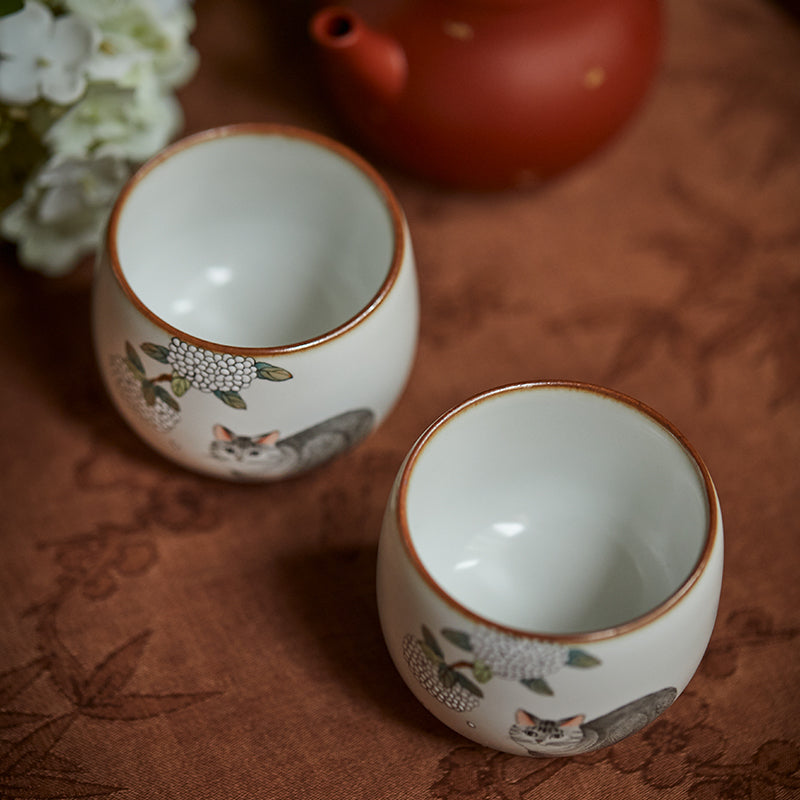 Gohobi Hand-painted Grey Cat Hydrangeas Ceramic Tea Cup