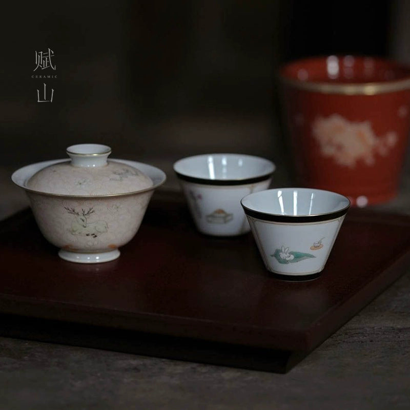 [賦山敘 x Gohobi] “Garden in Green” Hand-Painted Master Teacup – Jingdezhen Single Gongfu Cup with Ink-Toned Rim