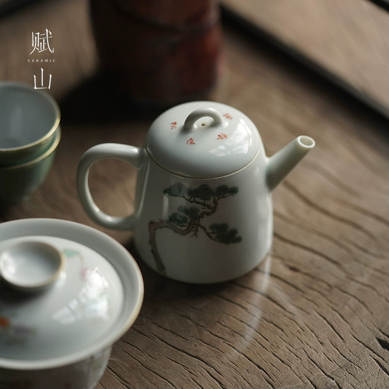 [賦山敘 x Gohobi] Hand-Painted Ceramic Teapot – Small Chinese Gongfu Tea Pot with Pine Tree & Calligraphy Design, Antique Style