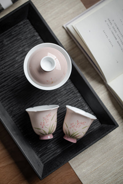 Gohobi White Porcelain Hand-Painted Orchid Gaiwan