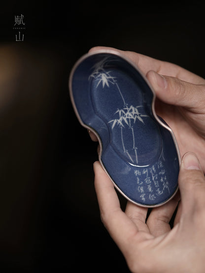 [賦山敘 x Gohobi] Splash-Blue Carved Bamboo Tea Scoop – Silver-Rimmed Ceramic Cha He for Gongfu Tea Serving