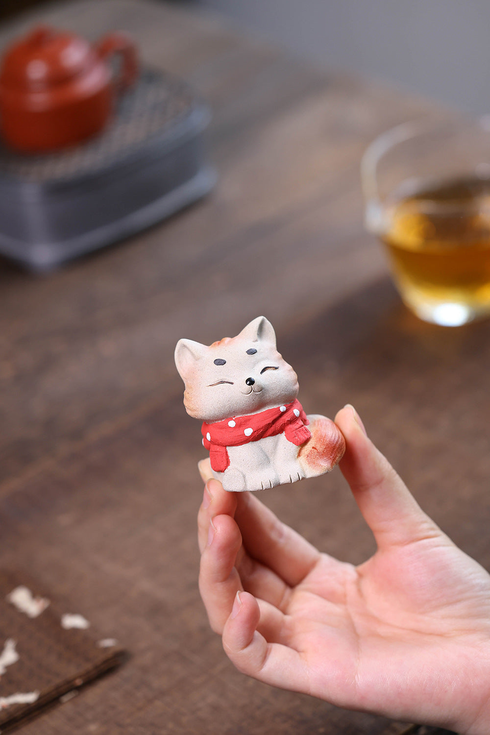 Gohobi Yixing Purple Clay Fox Cat Tea Pet – Hand-Painted Lucky Cat Ornament