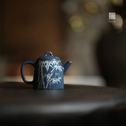 [賦山敘 x Gohobi] “Garden Bamboo” Splash-Blue Carved Teapot – Handcrafted Jingdezhen Ceramic Gongfu Teapot with Colored Glaze