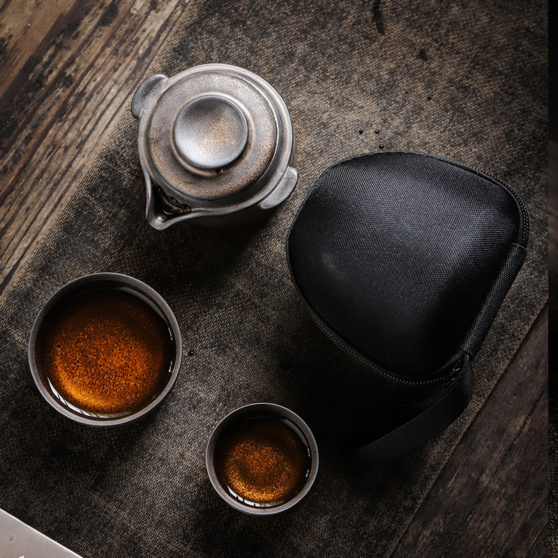 Gohobi Vintage Rustic Ceramic Travel Tea Set