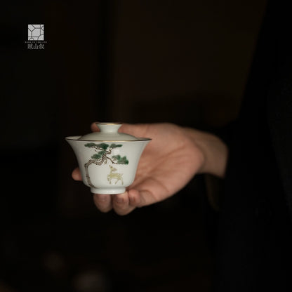 [賦山敘 x Gohobi] Gaiwan en pin et cerf peint à la main – Bol à thé Gongfu en céramique de style antique pour l'infusion du thé de roche