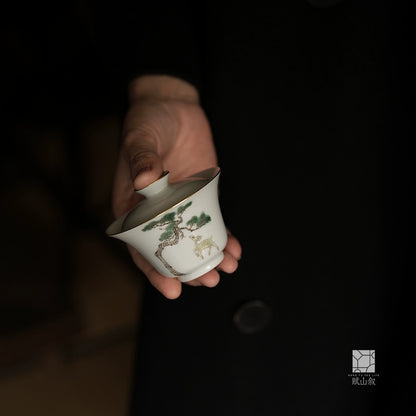[賦山敘 x Gohobi] Gaiwan en pin et cerf peint à la main – Bol à thé Gongfu en céramique de style antique pour l'infusion du thé de roche