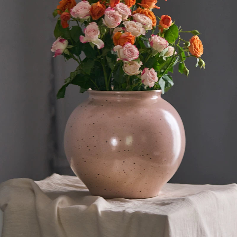 Gohobi Jingdezhen Handmade Pink Ceramic Vase – Wide Mouth Retro Coarse Pottery Flower Vase