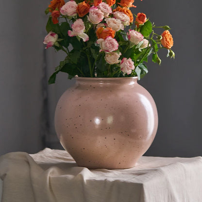 Gohobi Jingdezhen Handmade Pink Ceramic Vase – Wide Mouth Retro Coarse Pottery Flower Vase