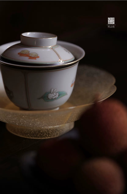 [賦山敘 x Gohobi] “Garden Offering” Green & Ink-Rimmed Gaiwan – Small Hand-Painted Ceramic Gongfu Tea Bowl for Rock Tea