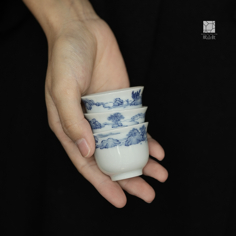 [賦山敘 x Gohobi] Blue and White Landscape Teacup Set – 3pcs Hand-Painted Porcelain Gongfu Cups with Minimalist Brushwork