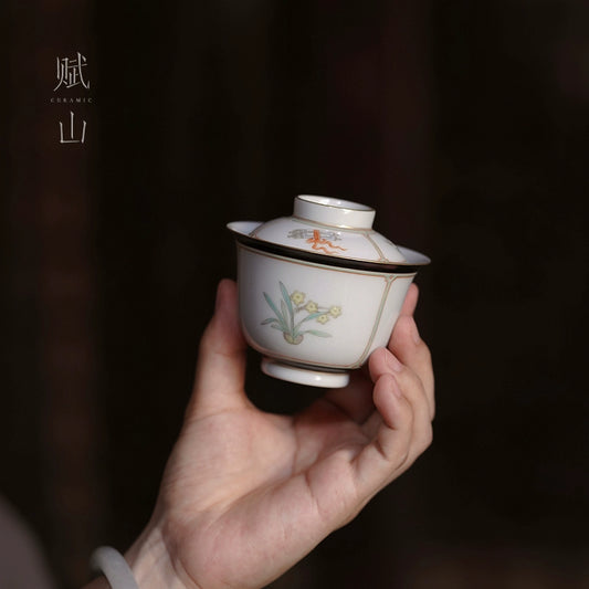 [賦山敘 x Gohobi] “Garden in Green” Hand-Painted Master Teacup – Jingdezhen Single Gongfu Cup with Ink-Toned Rim