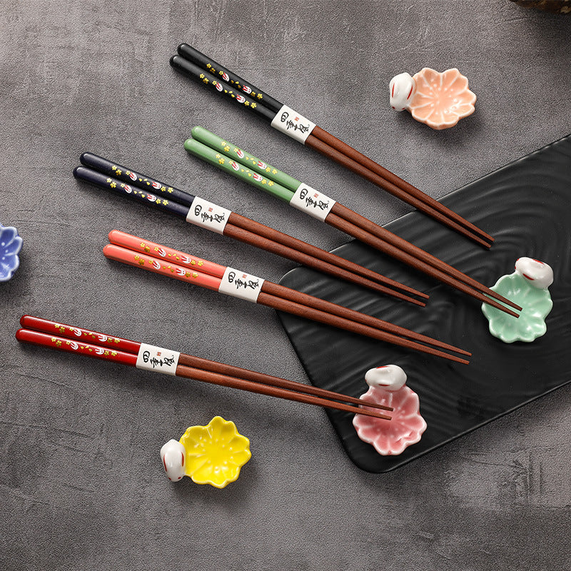 Gohobi A Set of 5 Pairs of Rabbit and Japanese Floral Wooden Chopsticks and Rests