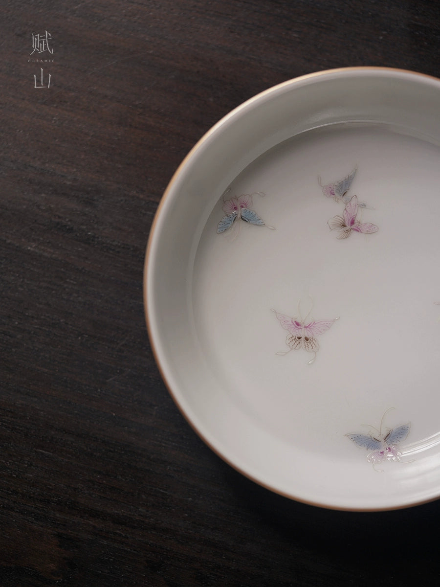 [賦山敘 x Gohobi] Turquoise Butterfly Teapot Base – Minimalist Pastel Ceramic Dry Brewing Tray for Gaiwan & Teapot