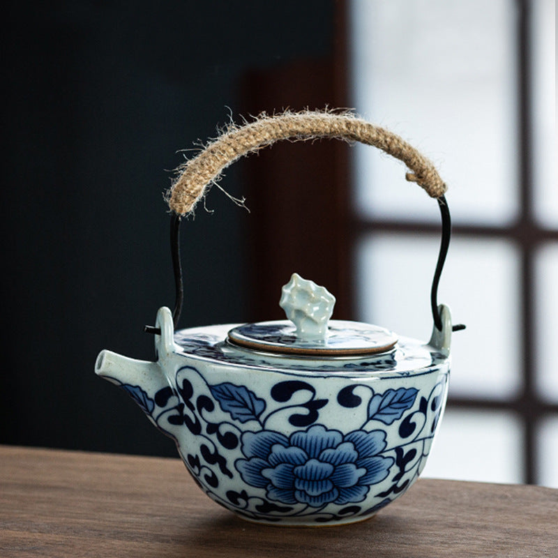 Gohobi Blue and White Porcelain Hemp Rope Handle Teapot