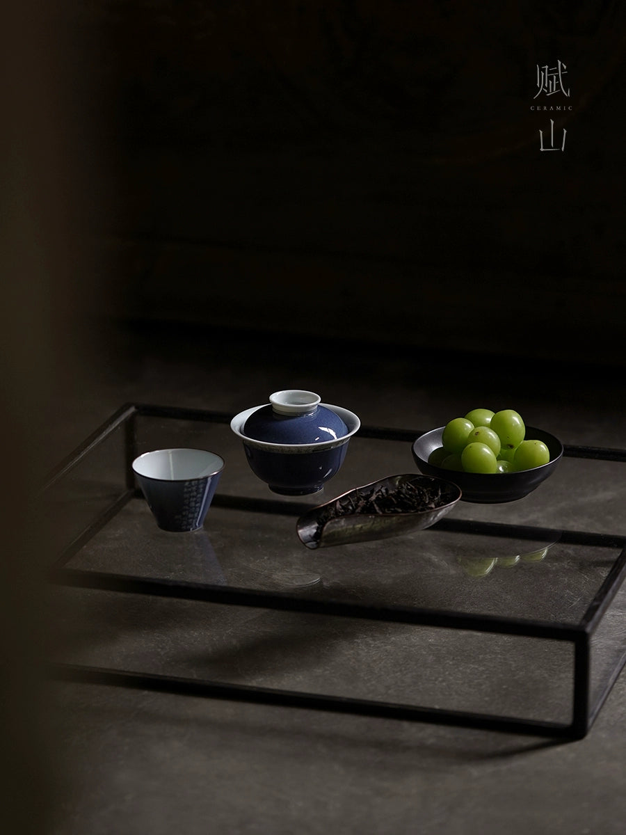 [賦山敘 x Gohobi] “Hokusai After the Rain” Splash-Blue Gaiwan – Handcrafted Chinese Gongfu Tea Bowl with Still-Life Design