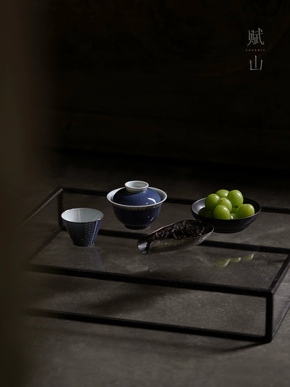 [賦山敘 x Gohobi] “Hokusai After the Rain” Splash-Blue Gaiwan – Handcrafted Chinese Gongfu Tea Bowl with Still-Life Design