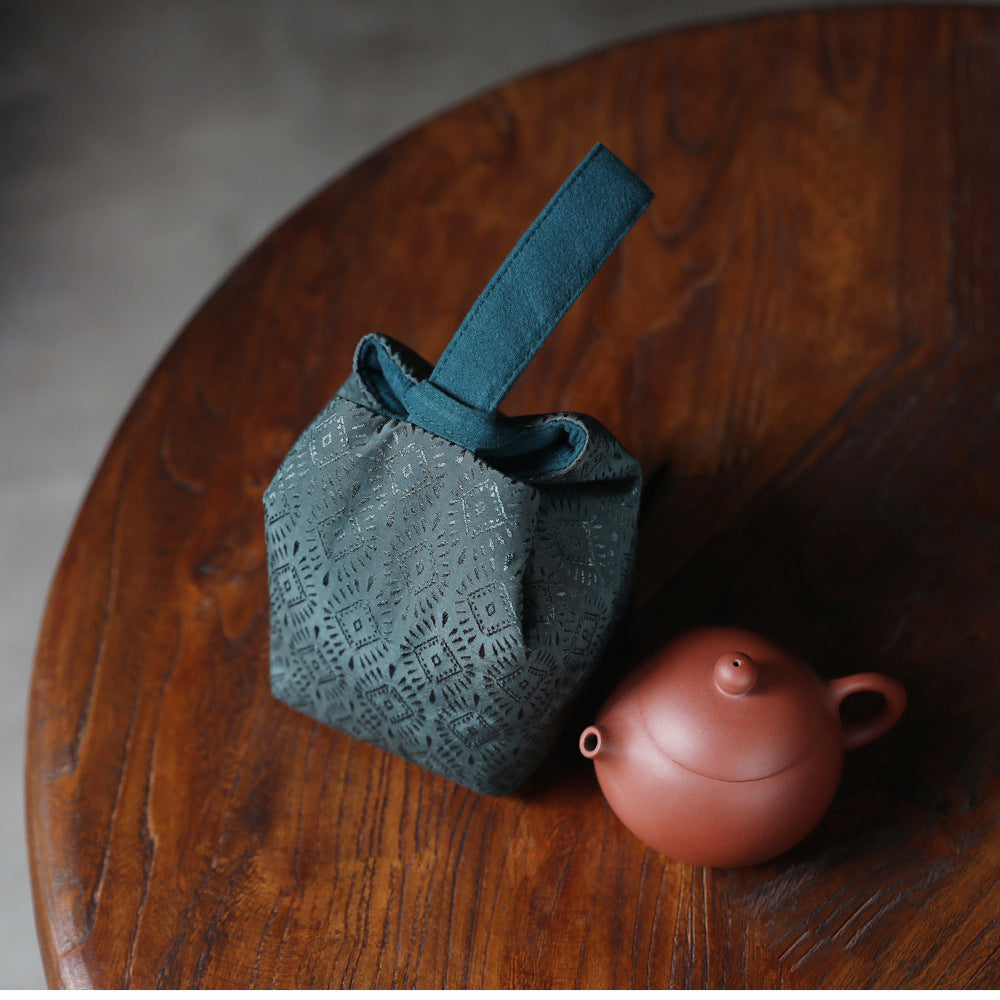 Gohobi Green Weaving Brocade Teaware Storage Travel Bag