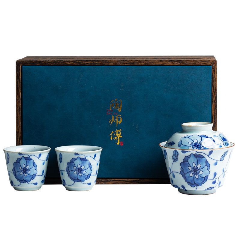 Gohobi Blue and White Lotus Gaiwan Three-Piece Set