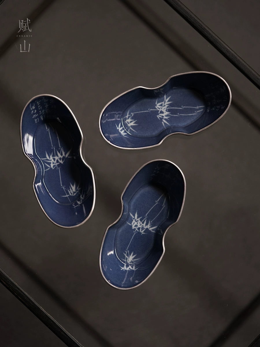 [賦山敘 x Gohobi] Splash-Blue Carved Bamboo Tea Scoop – Silver-Rimmed Ceramic Cha He for Gongfu Tea Serving