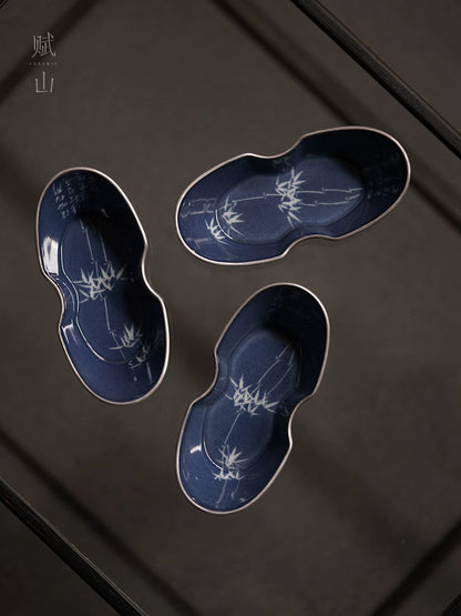 [賦山敘 x Gohobi] Splash-Blue Carved Bamboo Tea Scoop – Silver-Rimmed Ceramic Cha He for Gongfu Tea Serving