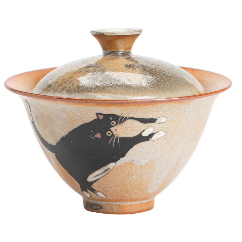 Gohobi Handmade Black Ink Hand-painted Cat  Gaiwan 001