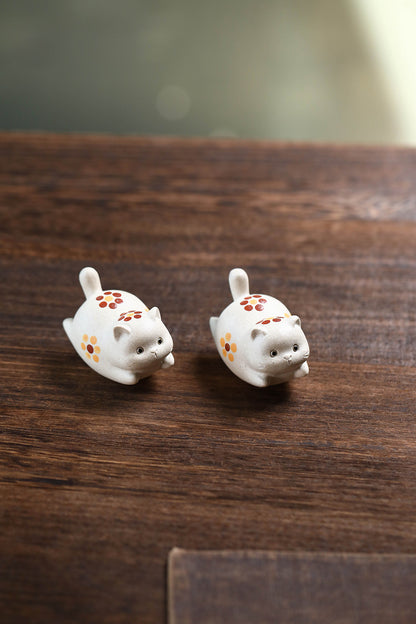 Gohobi Yixing Purple Clay Flower Cat Tea Pet – Handmade Lucky Cat Ornament