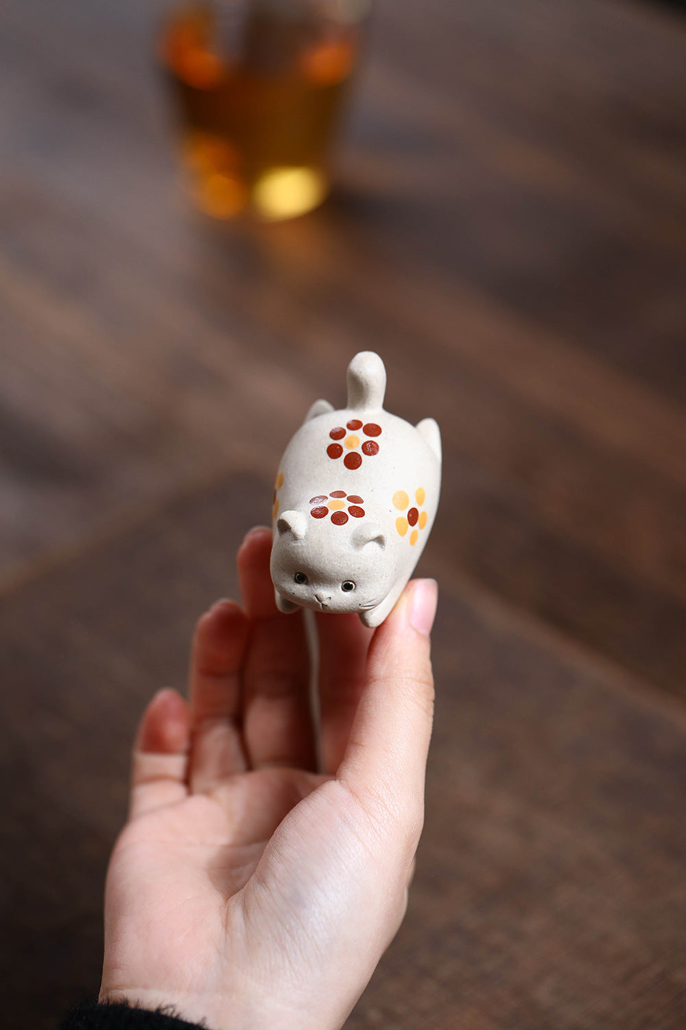 Gohobi Yixing Purple Clay Flower Cat Tea Pet – Handmade Lucky Cat Ornament