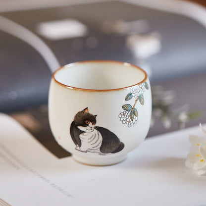 Gohobi Hand-painted Black & White Cat Hydrangeas Ceramic Tea Cup