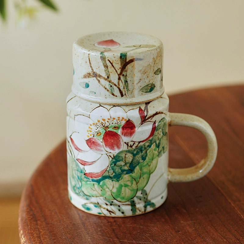 Gohobi Hand-Painted Blue and White Floral Mug with Lid Cup