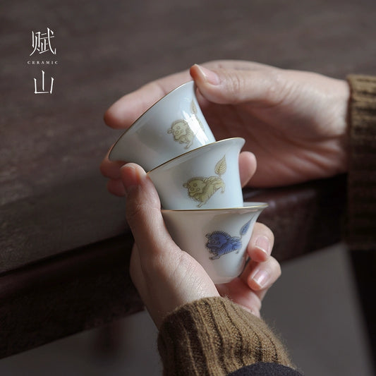 [賦山敘 x Gohobi] Hand-Painted “Playful Guardian Lion” Teacup Set – Set of 3 Gilded New Chinese Style Bell-Shaped Cups