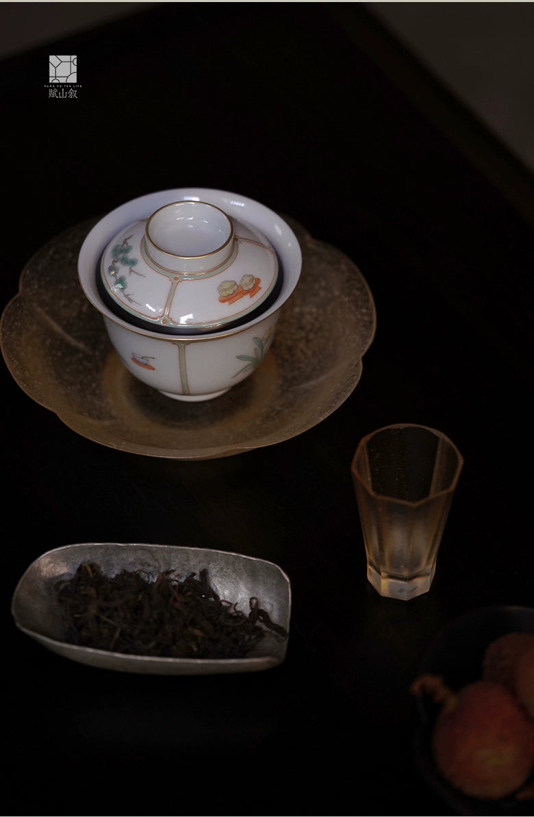 [賦山敘 x Gohobi] “Garden Offering” Green & Ink-Rimmed Gaiwan – Small Hand-Painted Ceramic Gongfu Tea Bowl for Rock Tea