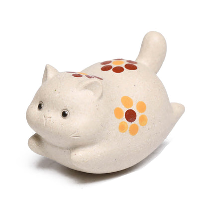 Gohobi Yixing Purple Clay Flower Cat Tea Pet – Handmade Lucky Cat Ornament