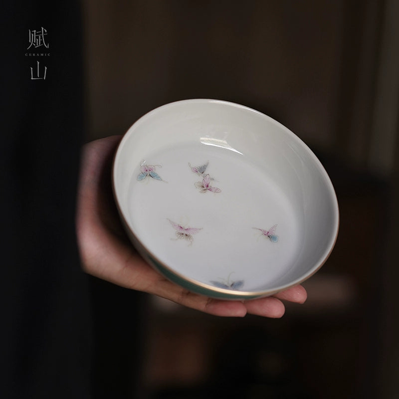 [賦山敘 x Gohobi] Turquoise Butterfly Teapot Base – Minimalist Pastel Ceramic Dry Brewing Tray for Gaiwan & Teapot